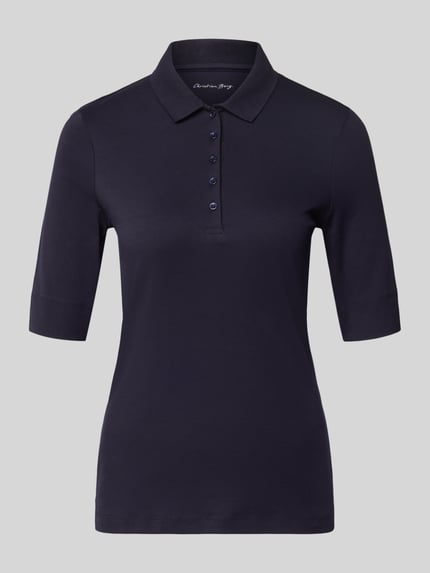 Produktfoto, Slim Fit Poloshirt mit Knopfleiste und 1/2-Arm von Christian Berg Woman aus Reine Baumwolle, dunkelblau, glatte Struktur.