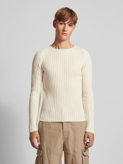 REVIEW Sweter z dzianiny z prążkowanym, okrągłym dekoltem Écru 4