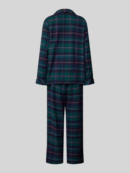 Frauenmodel trägt Pyjama-Set mit Logo-Stitching im 2-teiligen Set von LAUREN RALPH LAUREN, mehrfarbig kariert, Ganzkörperansicht Rückansicht