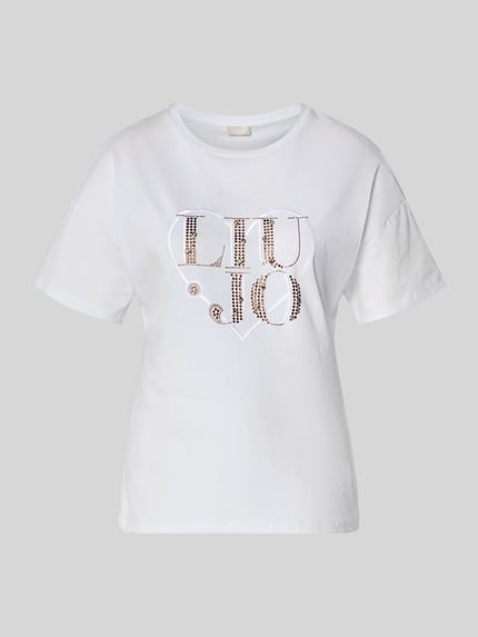 Produktfoto, Regular Fit T-Shirt mit Strasssteinbesatz von Liu Jo White, damski t-shirt z bawełny, okrągły dekolt, detal z logo, długość tyłu w rozmiarze S: 60 cm