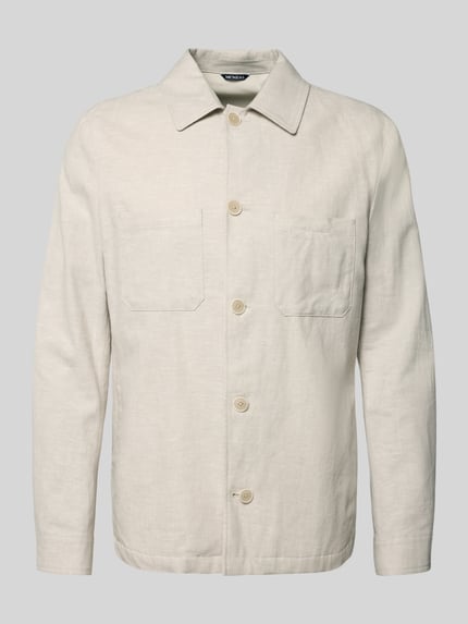 Produktfoto, Relaxed Fit Overshirt aus Leinen-Mix mit Kentkragen von MCNEAL, Leinen-Baumwoll-Mix, gerade Form, beigefarbene Textur, Knopfleiste, Brusttaschen, Sportmanschetten, Rückenlänge 69 cm in Größe M.