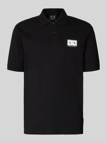 Produktfoto, schwarzes Regular Fit Poloshirt mit Knopfleiste von ARMANI EXCHANGE, Baumwoll-Elasthan-Mix, Label-Print, elastische Ärmelbündchen, glatte Oberfläche