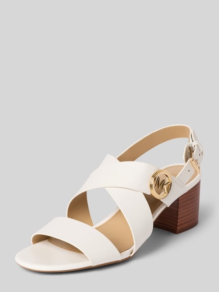 Produktfoto, Sandalette aus Leder mit Blockabsatz von MICHAEL Michael Kors in crème, afgeronde punt, riempjes met doornsluiting, labelapplicatie, hakhoogte 6 cm