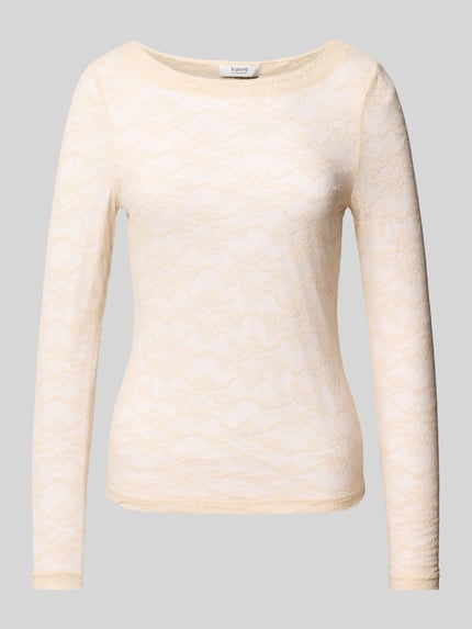 Produktfoto, kremowa bluzka z długim rękawem z koronki Model 'PRIYA' od b.young, Mieszanka materiałów z dodatkiem streczu, krój slim fit, okrągły dekolt, Długość tyłu w rozmiarze S: 56 cm