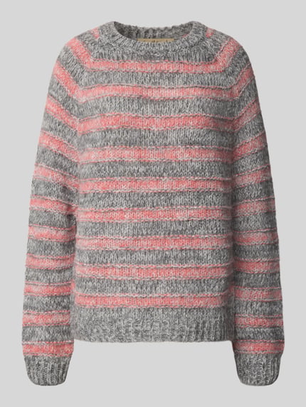 Produktfoto, Strickpullover mit Strukturmuster und Rundhalsausschnitt von Smith and Soul, szary z różowymi paskami, mieszanka materiałów z dodatkiem alpaki, regularny krój, widoczna tekstura
