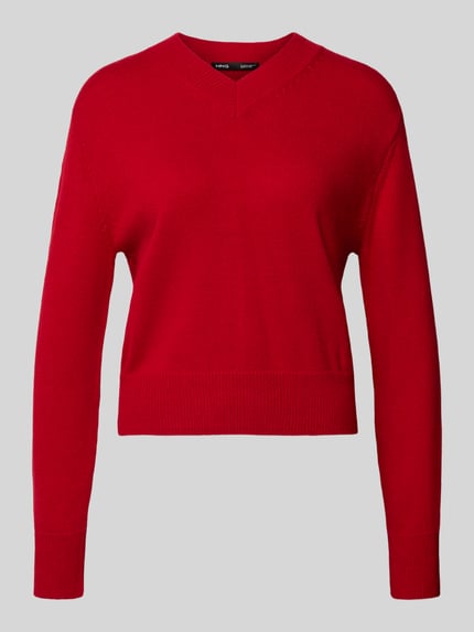Produktfoto, roter Strickpullover mit V-Ausschnitt, Elastische Abschlüsse, Modell 'LIMONI' von MANGO, Regular Fit, glatte Textur