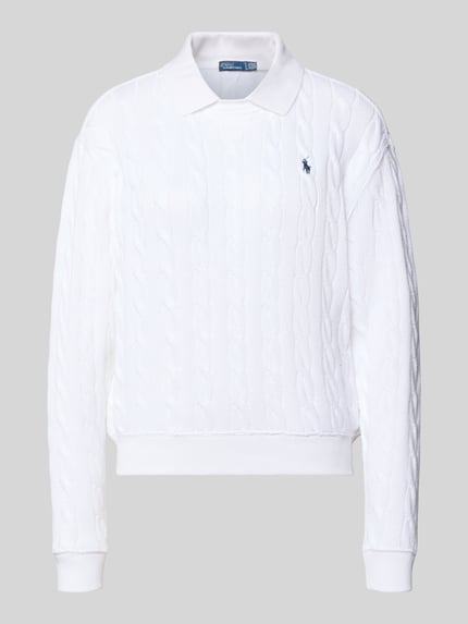 Produktfoto, Regular Fit Pullover mit Polokragen von Polo Ralph Lauren, Optik: Unifarben, Zopfstrick, reine Baumwolle, Logo-Stitching, Strukturmuster
