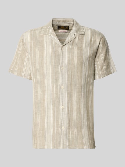 Produktfoto, Regular Fit Freizeithemd mit Leinen-Anteil Modell 'Summer' von Jack & Jones Premium in Beige mit weißen Streifen, Kurzarm, Reverskragen, aus Baumwoll-Mix, durchgehende Knopfleiste, glatte Struktur