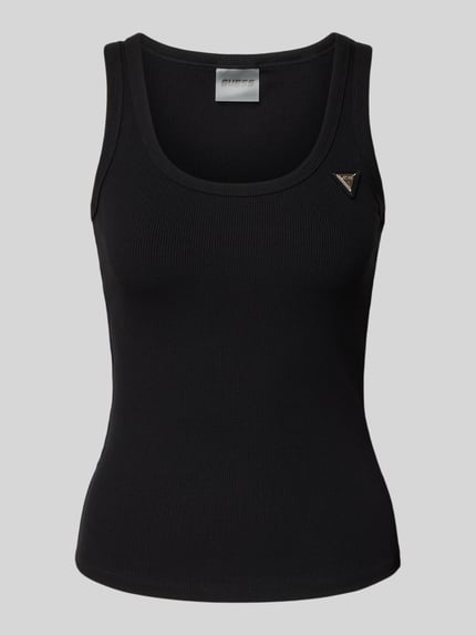 Produktfoto, czarny Slim Fit Top aus Viskose-Mix Modell 'Colette' od Guess Activewear z okrągłym dekoltem, żebrowana tekstura, aplikacja logo