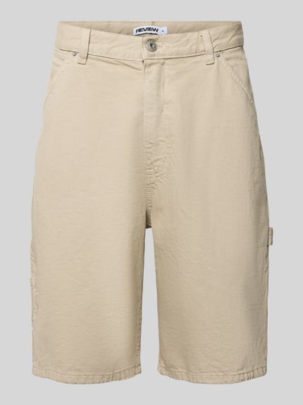 Produktfoto, Bermudas mit seitlichen Eingrifftaschen von REVIEW in Beige aus Reine Baumwolle, Straight Fit, Knopf-Reißverschluss, Bundweite 44 cm, Innenbeinlänge 25 cm, klare Struktur