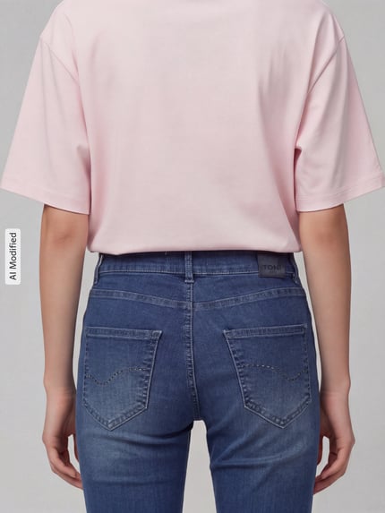 Frauenmodel trägt Straight Fit Jeans aus Baumwoll-Mix Modell 'LIV' von TONI in mittlerem Blau mit Ziernähten, Damen Straight Fit Jeans von TONI, Ganzkörperansicht Rückansicht, KI-modifiziertes Bild