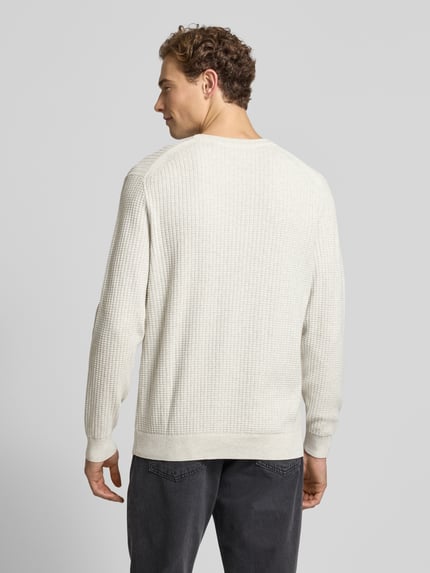 Mężczyzna model nosi Strickpullover mit Label-Detail von Christian Berg Men, kolor jasny, regular fit, bawełna, widok całej sylwetki z tyłu.