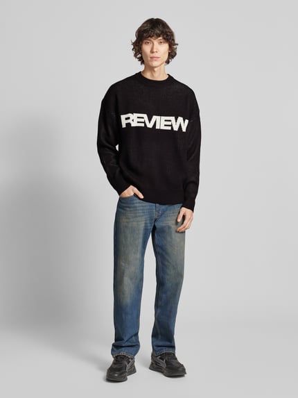REVIEW Sweter z dzianiny z wyhaftowanym logo Czarny 1