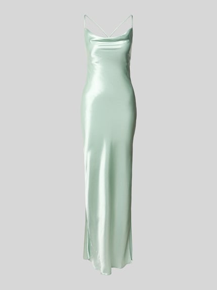 Produktfoto, Regular Fit Abendkleid aus Viskose-Mix van Jake*s Cocktail in lichtgroen satijn met loopsplit, spaghettibandjes, rugdecolleté en vetersluiting