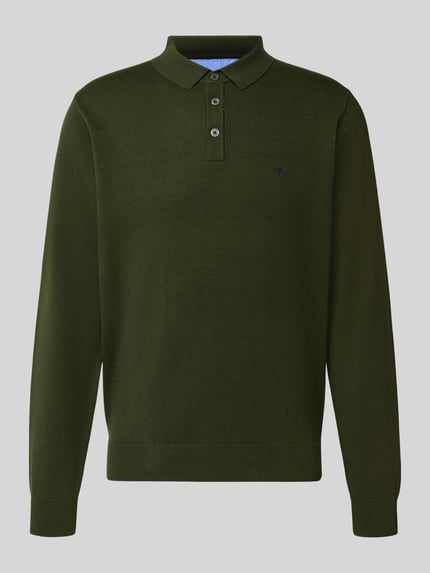 Produktfoto, dunkelgrüner Strickpullover mit Polokragen und Knopfleiste von Fynch-Hatton, reine Baumwolle, Regular Fit, Label-Stitching