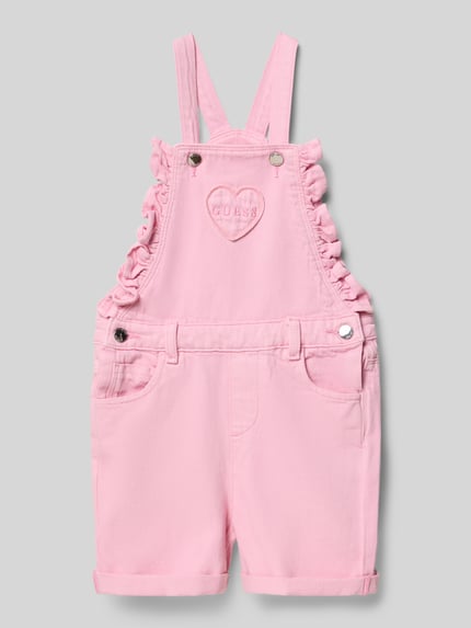 Productfoto, Regular Fit Latzhose in Denim-Optik van Guess in effen lichtroze katoen met ruches, 5-pocket-design en logo-stiksel