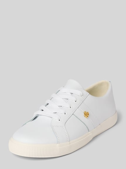 Produktfoto, Sneaker aus Leder mit Label-Applikation Modell 'JANSON II' von Lauren Ralph Lauren in Weiß mit abgerundeter Spitze, Schnürung, Absatzhöhe 2 cm, Schafthöhe 6 cm, Schaftweite 6 cm.