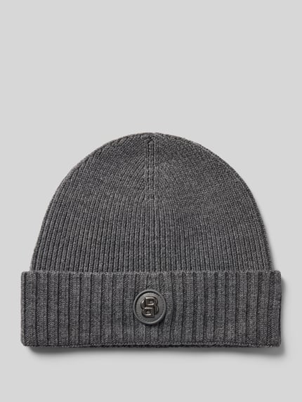 Produktfoto, Beanie mit Logo-Detail von BOSS BLACK, unifarben grau, Strickoptik, matt, Strukturmuster, Rippstrick, Umschlag