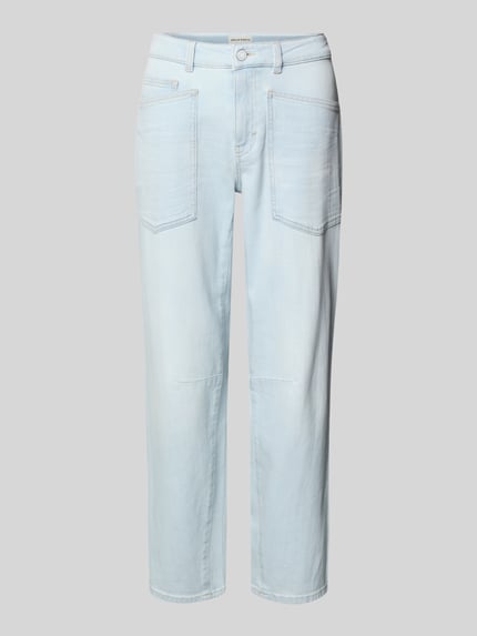 Produktfoto, Straight Fit Jeans met opgestikte zakken model 'Melly' van OPUS PANTS in lichtblauw katoenmix, 5-pocketmodel, knoop- en ritssluiting, bandwijdte maat 36/28: 39 cm, binnenbeenlengte maat 36/28: 71 cm.