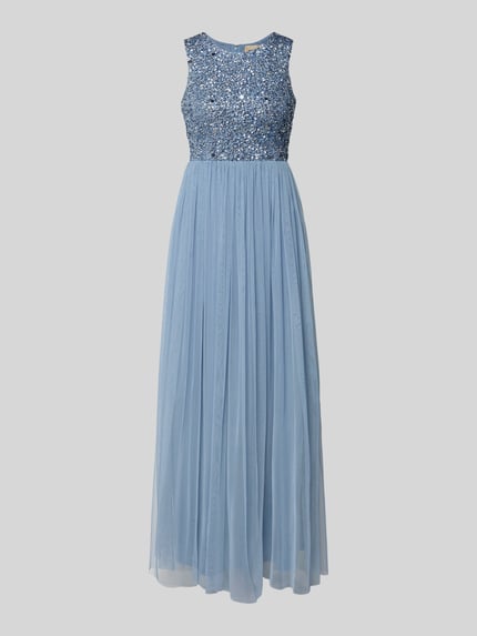 Produktfoto, Abendkleid mit Paillettenbesatz von Lace & Beads in Hellblau, leicht taillierter Schnitt, mehrlagiges Oberkleid, blickdichtes Unterkleid, Rundhalsausschnitt, breite Träger, Material: strapazierfähig, Rückenlänge Größe S: 155 cm, Brustweite: 33 cm, Pailletten-Oberteil und fließender Stoff.