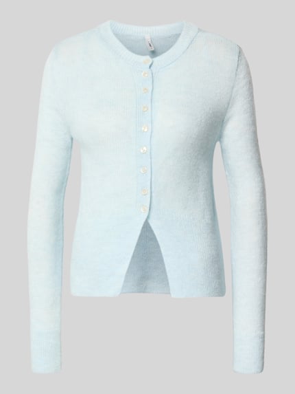 Produktfoto, Regular Fit Strickjacke mit einreihiger Knopfleiste Modell 'ELLA' von ONLY, Damen, Optik: Unifarben, Materialverarbeitung: Strick, Rundhals, Langarm, gerippter Abschluss, hellblau, weiche Textur