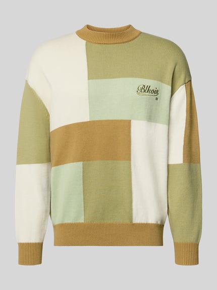 Productfoto, Regular Fit Pullover in breistructuur look model 'Patchwork' van BLKVIS, katoen, logo-stitching, ronde hals, elastische boorden, heren, kleuren beige, groen en wit