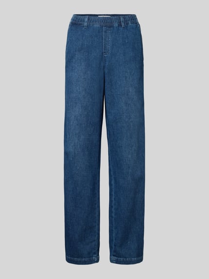 Produktfoto, Wide Leg Jeans mit elastischem Bund von Brax in mittelblauem Used-Look, sichtbarer Baumwoll-Mix mit Stretch-Anteil, gerade Form
