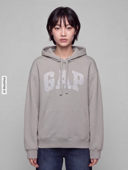 Kobieta modelka nosi szarą bluzę Regular Fit Sweatshirt aus Baumwoll-Mix model 'HERITAGE PO' od GAP, gładka tekstura, damska bluza GAP, Ganzkörperansicht von vorne, KI-modifiziertes Bild.