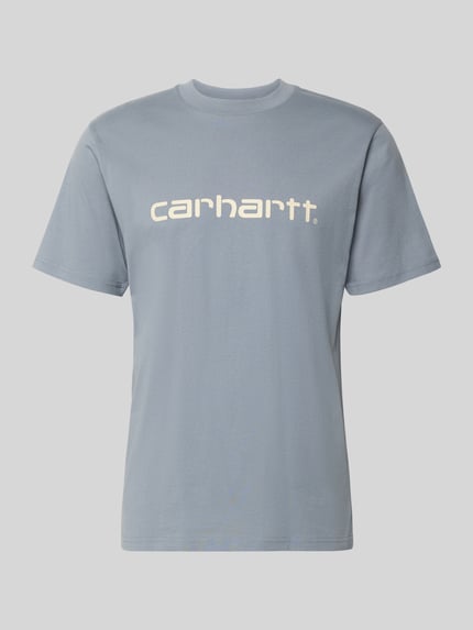 Produktfoto, T-Shirt aus Baumwolle Modell 'Script' von Carhartt Work In Progress, hellblau, gerader Schnitt, Rundhalsausschnitt, Label-Print