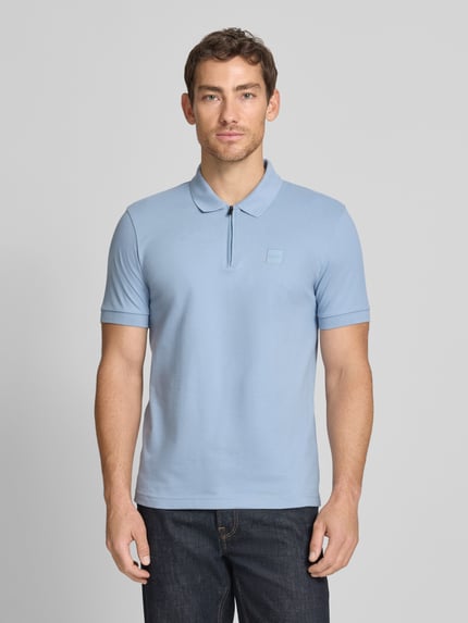 BOSS Orange slim fit poloshirt van katoenmix model 'PASSERZIP' Lichtblauw - 4