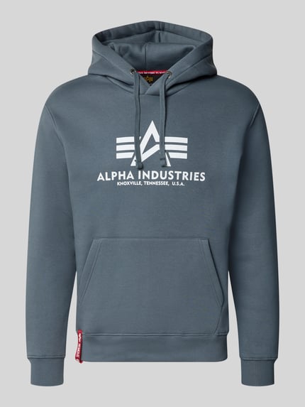 Produktfoto, Regular Fit Hoodie aus Baumwoll-Mix mit Logo-Print von Alpha Industries in Grau mit weißen Akzenten, Kapuze und Kängurutasche