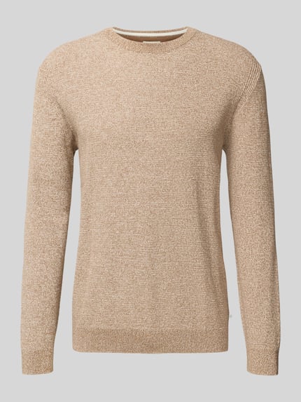 Produktfoto, Regular Fit Strickpullover aus reiner Baumwolle van Tom Tailor in beige, effen structuur, ronde hals, lange mouwen, geribde boorden.