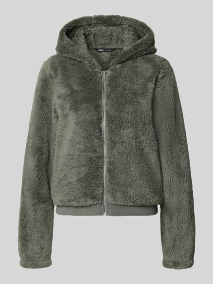 Produktfoto, Regular Fit Teddyjacke mit Kapuze Modell 'NEWANNA' von ONLY in grauer Felloptik, weiche Textur, Damen Sweatjacke von ONLY