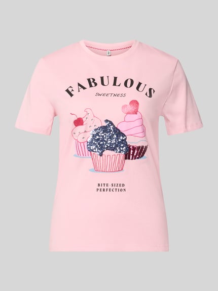 Produktfoto, Damen T-Shirt von Only, Modell 'KITA', Optik: Unifarben in Rosa, Motiv-Print mit Pailletten und Strasssteinen, reine Baumwolle, Shaped Fit, Rundhals, Kurzarm, Jersey-Material