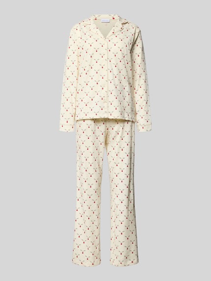 Produktfoto, cremefarbener Pyjama aus reiner Baumwolle Modell 'X-Mas' von LASCANA mit rotem Muster, lockerer Schnitt, glatte Struktur