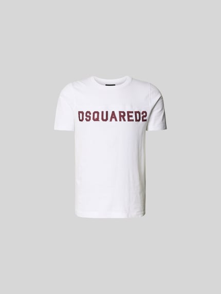 Produktfoto, Slim Fit T-Shirt aus reiner Baumwolle von Dsquared2, męski t-shirt, krój slim fit, okrągły dekolt, nadruk z logo, krótki rękaw, długość tyłu w rozmiarze M: 68 cm, biała tkanina, prosty krój, gładka faktura