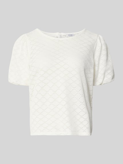 Produktfoto, Strickshirt mit Puffärmeln von More & More, weiß, feine Lochstruktur, Baumwoll-Mix, Regular-Fit, Rundhalsausschnitt, Rückenlänge 55 cm bei Größe 36