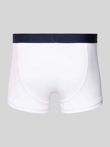 Produktfoto, Trunks mit elastischem Logo-Bund im 3er-Pack von Emporio Armani aus Baumwoll-Elasthan-Mix in Weiß, körpernaher Schnitt.