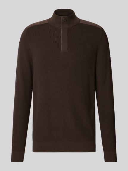 Productfoto, gebreide pullover met schipperskraag en schoudervulling van puur katoen, recht model, ribboorden, Strickpullover mit gepolsterten Schultern van bugatti, ruglengte maat M 68 cm, mouwlengte maat M 70 cm