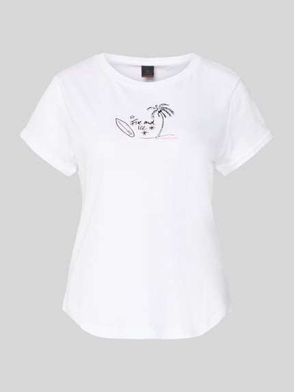 Produktfoto, T-shirt z nadrukiem z logo model 'DEBRA4' od FIRE + ICE, damski t-shirt z bawełny, krój regular fit, okrągły dekolt, długość tyłu w rozmiarze S: 58 cm, biały kolor, prosty krój, gładka faktura