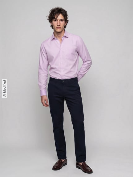 Männermodel trägt Regular Fit Businesshemd aus reiner Baumwolle Modell 'New Kent' von Seidensticker in Hellrosa, Ganzkörperansicht von vorne, Herren Businesshemd von Seidensticker, KI-modifiziertes Bild.