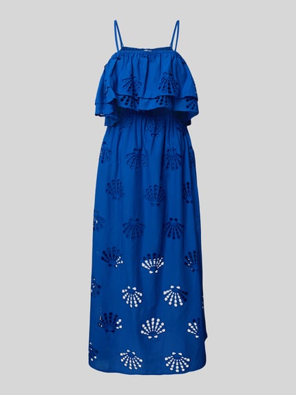 Produktfoto, Midikleid mit Lochstickerei Modell 'DOLCE LEMON' von WATERCULT aus reiner Baumwolle in kräftigem Blau, taillierter Schnitt, Spaghettiträger