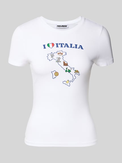 Productfoto, Slim Fit T-Shirt met motiefprint en ronde hals van REVIEW, katoen-elastaan mix, wit met kleurrijke print, maat S, 52 cm ruglengte