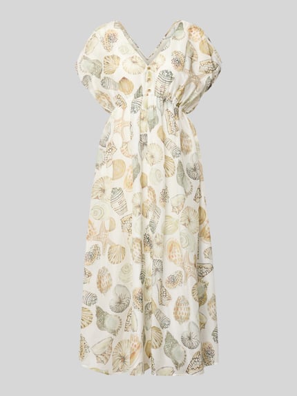 Produktfoto, Midikleid mit Seide-Anteil und kurzer Knopfleiste von Marc Cain im hellen Baumwoll-Mix mit Taillierter Schnitt, Muschel-Muster, V-Ausschnitt, Ärmel mit Bindung, blickdichtes Unterkleid, rückseitiger V-Ausschnitt.