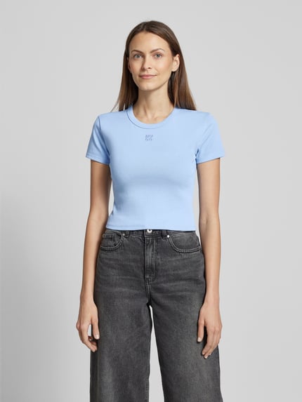 HUGO Kort T-shirt met labelstitching, model 'Delanor' Lichtblauw - 4