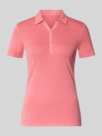 Produktfoto, Regular Fit Poloshirt aus reiner Baumwolle von Tom Tailor, Optik: Unifarben, Polokragen, V-Ausschnitt, kurze Knopfleiste, Ärmelform: Kurzarm, Materialverarbeitung: Jersey, Farbe: Rosa, glatte Textur.
