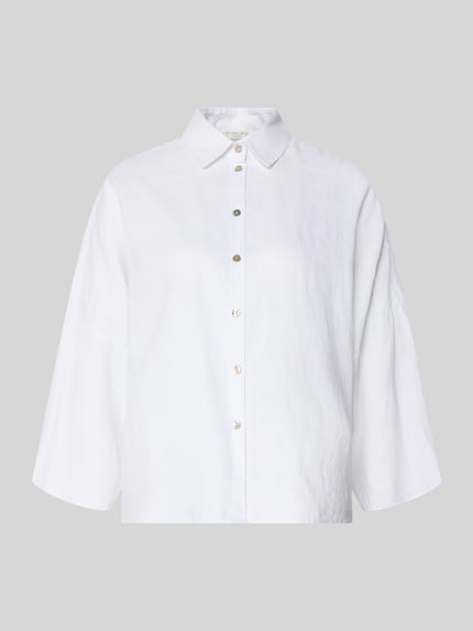 Produktfoto, witte linnen blouse met kentkraag, knoopsluiting, 3/4-mouwen, loose fit, Leinenbluse mit überschnittenen Schultern van Christian Berg Woman, pure linnen, maat 36: ruglengte 63 cm, mouwlengte 54 cm