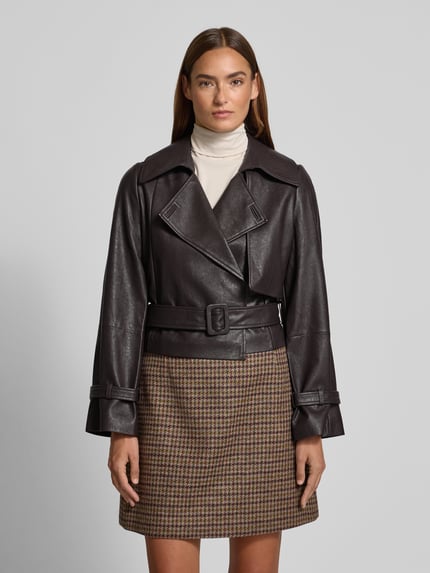 Oui Jack in leerlook met reverskraag en riem Donkerbruin - 4