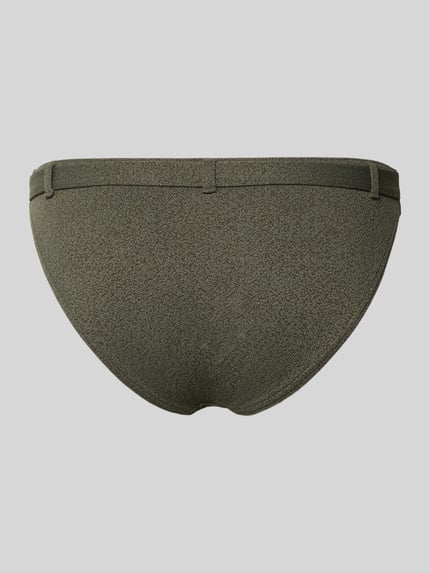 Produktfoto, Bikini-Slip mit Label-Detail Modell 'DITA' von Banana Moon in Olivgrün, elastischer Material-Mix mit Stretch-Anteil, strukturierte Oberfläche, körpernaher Schnitt für Damen
