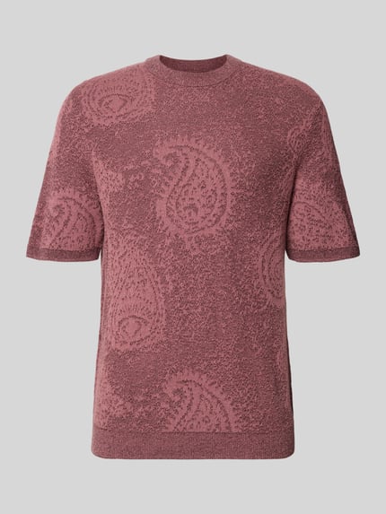 Produktfoto, Strickshirt im Allover-Look mit Rundhalsausschnitt von Jake*s, mieszanka bawełny, krój slim fit, wzór na całej powierzchni, kolor bordowy, długość tyłu w rozmiarze M: 71 cm, długość rękawów w rozmiarze M: 39 cm